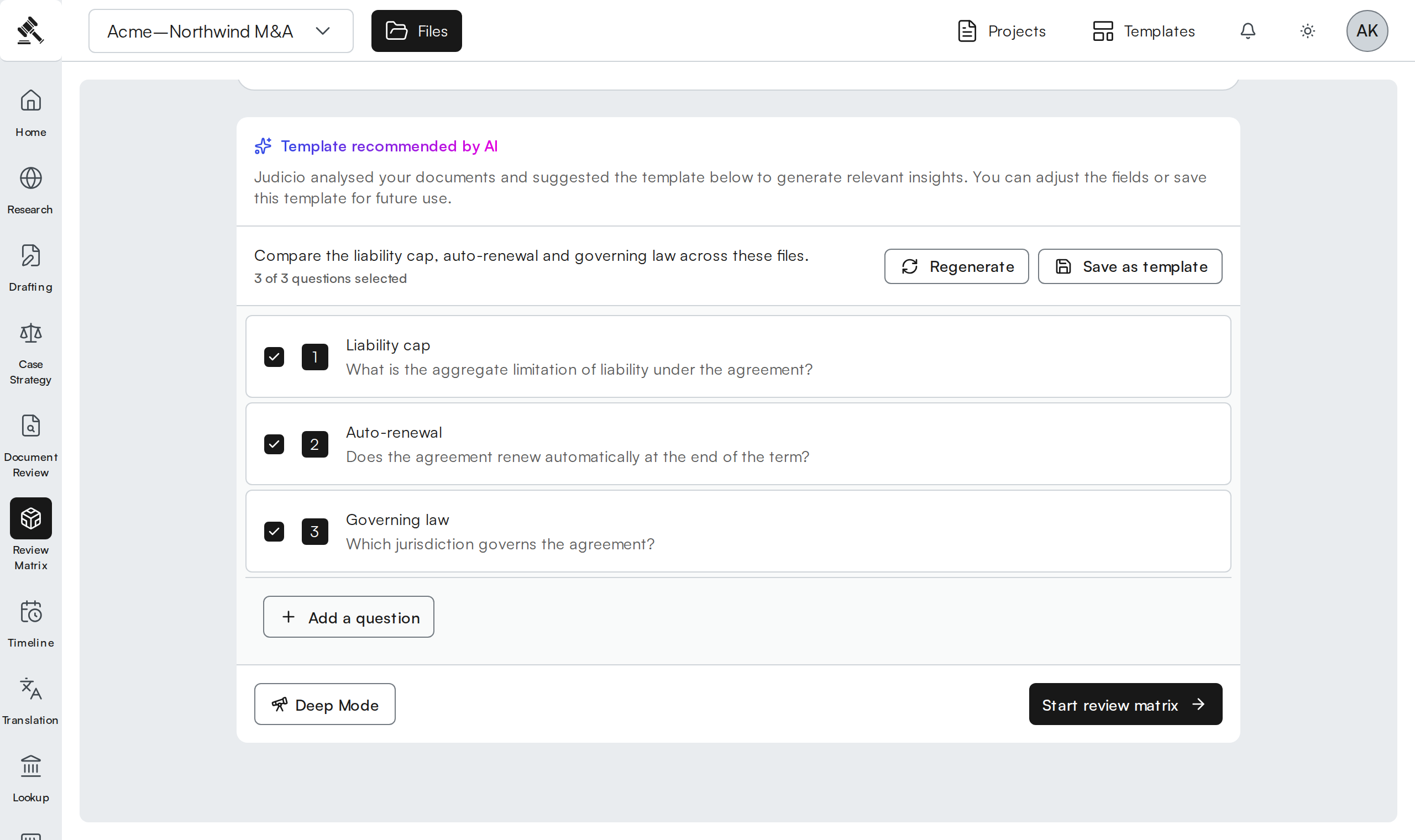 Judicio Review Matrix question-authoring demonstration with selected questions and editable prompts