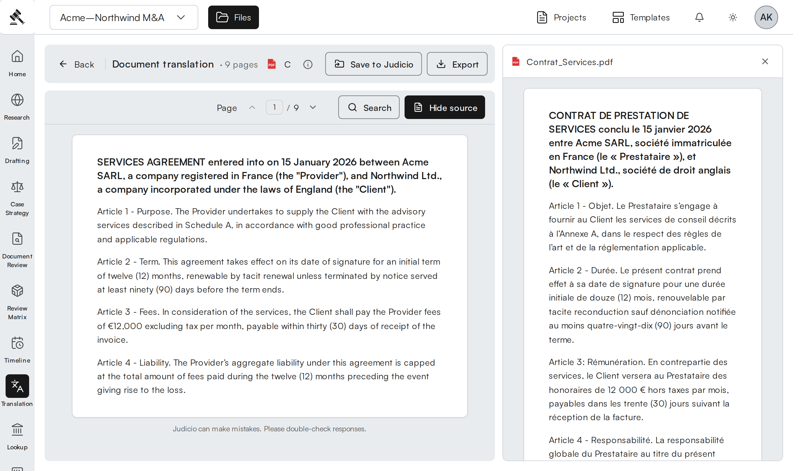 Judicio translation demonstration with English output beside a French services agreement
