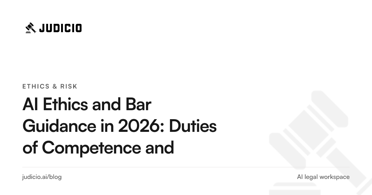 A lawyer reviewing AI output beside a summary of professional duties: competence, confidentiality, supervision, and candor