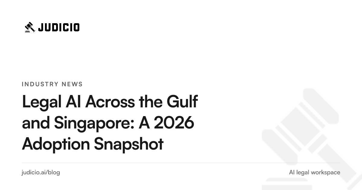 Skylines of Singapore and Gulf financial centres connected by legal document and data flows representing cross-border legal AI adoption