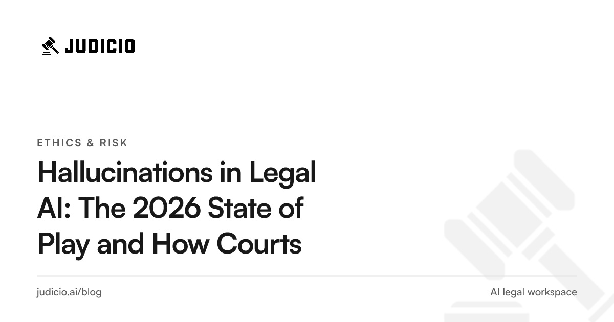 A timeline of court responses to AI hallucinations from 2023 to mid-2026, alongside a lawyer verifying citations against sources