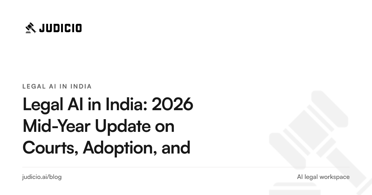 A collage of Indian court digitisation, multilingual legal documents, and AI research dashboards representing India's 2026 legal AI landscape